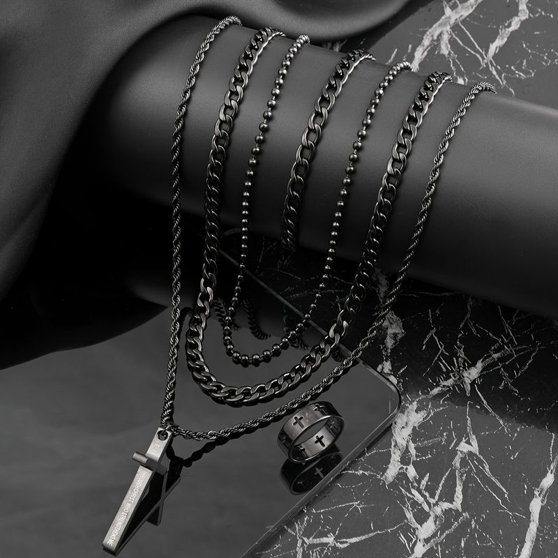 Schmuckset Modetrend Kreuzring Halskette Personalisiertes Titanstahlzubehör_voghion.com