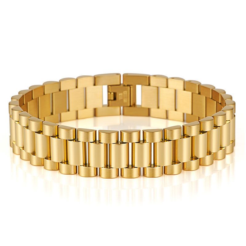 Solid Stainless Watch Band Gold Simple Men's Wide Bracelet Titanium Steel Adjustable Bangle_voghion.com