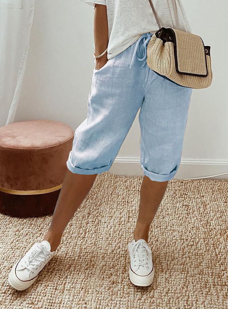 Women's cotton and linen pocket elastic casual pants women's pants quarter pants_voghion.com