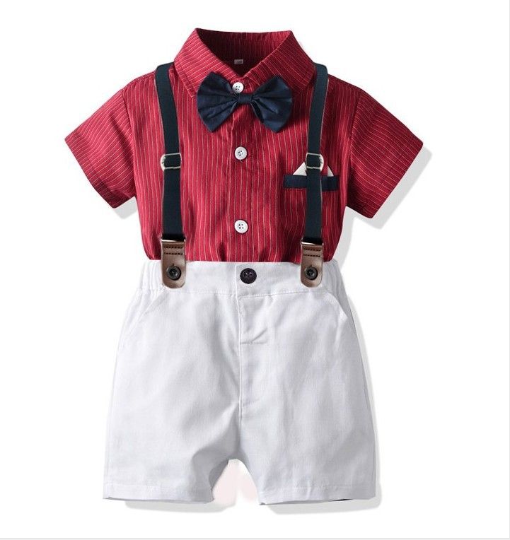 New Gentlemen's Boys' Dress Striped Short Sleeve Necktie Shirt Strap Pants Set_voghion.com