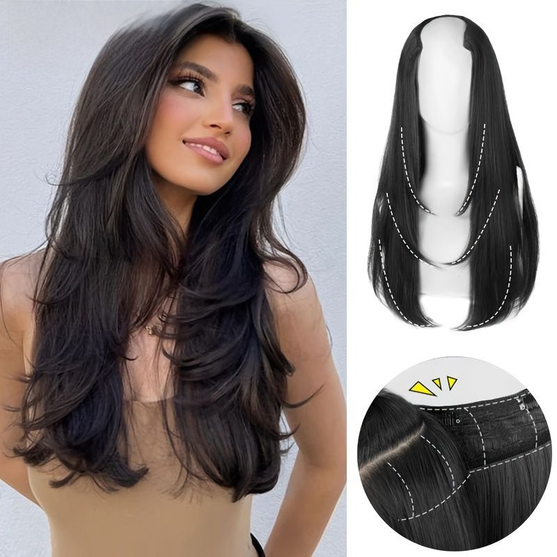 Parrucca Extension per capelli lunghi per donna Capelli medio lunghi a strati a forma di V con parrucca in fibra chimica naturale in un unico pezzo_voghion.com