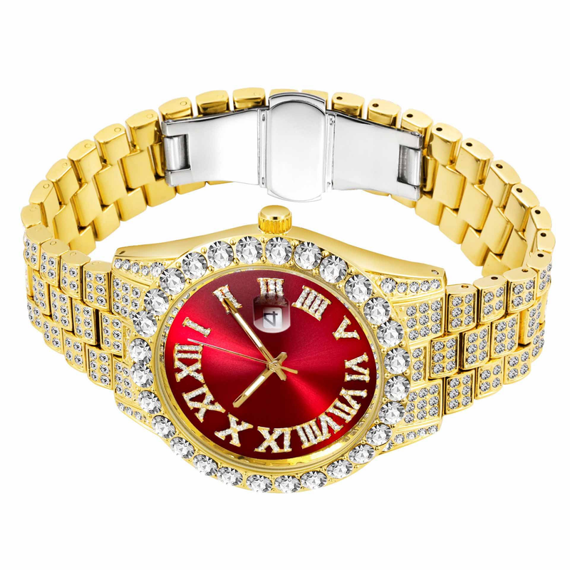 Full Iced Out Watch Erkek Küba Bağlantı Zinciri Bilezik Kolye Choker Bling Takı Erkekler İçin Büyük Altın Zincirler Hip Hop Erkek Saat Seti_voghion.com