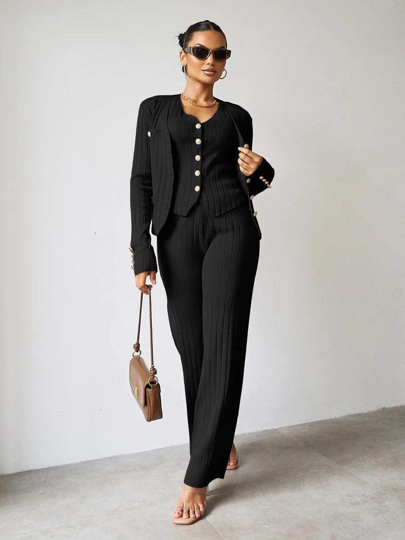 Women's Clothing Metal Buckle Vest Versatile Knitted Cardigan Wide Leg Pants Fashion Three Piece Set_voghion.com