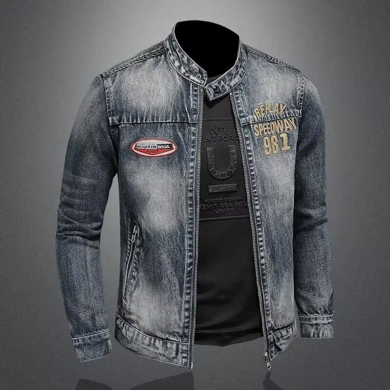 Men's Clothing Men's Denim Jacket Casual Retro Large Size Stand Collar Zipper Jacket Cycling Motorcycle Wear Trendy_voghion.com