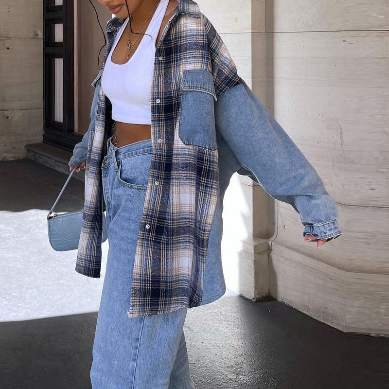 Cappotto patchwork scozzese casual da donna con risvolto e tasca_voghion.com