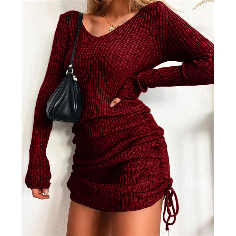 Vêtements pour femmes pull tricoté col en V à manches longues automne et hiver sexy coupe ajustée jupe filetée jupe plissée à cordon de serrage_voghion.com