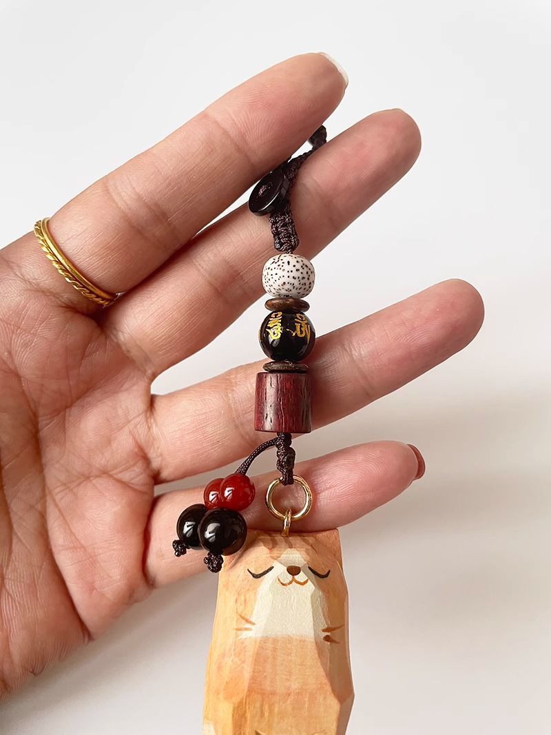 Hand Carved Wood Carved Orange Cat Shiba Inu Mi Ping An Six Character Mantra Woven Keychain Chain Ring Car Schoolbag Pendant Ornament_voghion.com
