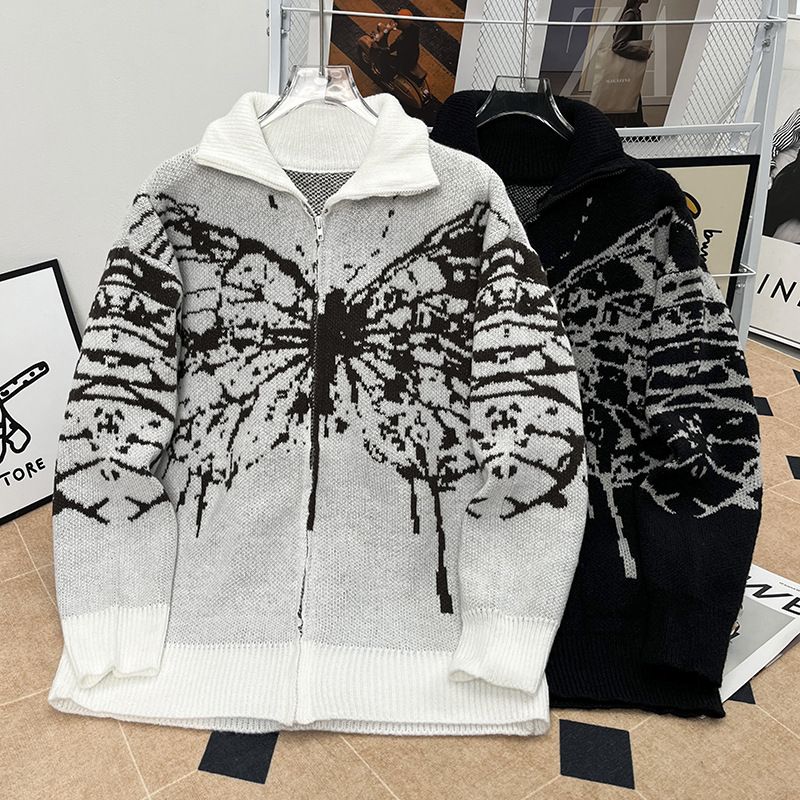 Herren-Vintage-Cardigan mit Schmetterlings-Reißverschluss – Weicher, wachsartiger Strickpullover für Herbst/Winter (Schwarz/Grau, M-XXL)_voghion.com