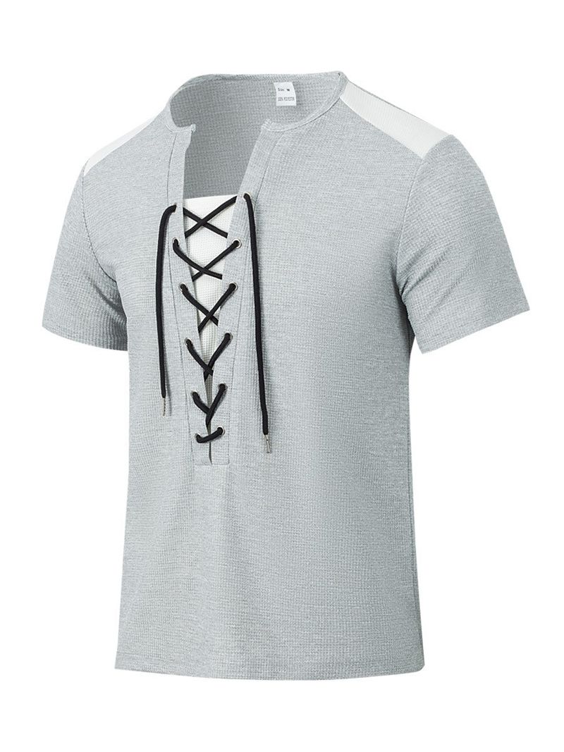 Camiseta masculina casual waffle com cordão e cor combinando, gola redonda, manga curta_voghion.com