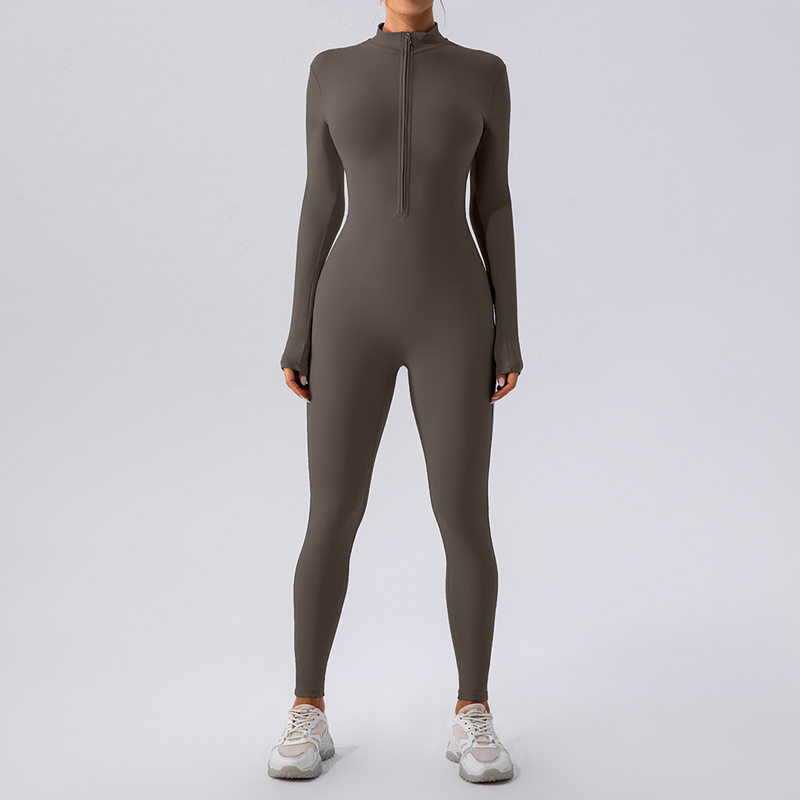 LazyZoom Zipper Bare Sensation Long Sleeve Yoga Jumpsuit For Women Sports Fitness Training Dance One-Piece Tight-Fitting Outfit_voghion.com
