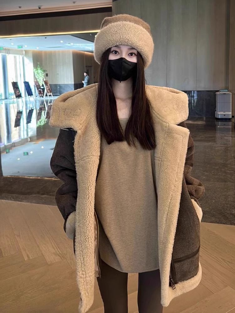 2024 New Melad Coffee Color Sheepskin Mid-Length Hooded Shearling Coat For Women Autumn Winter_voghion.com