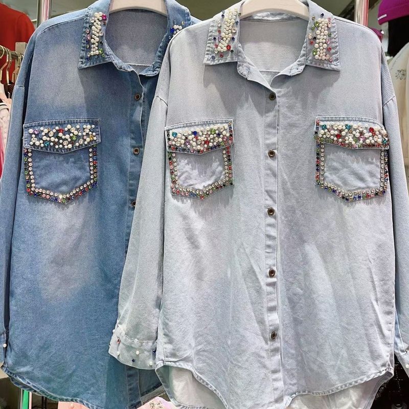 Women's clothing diamond denim shirt for women 2024 spring and summer thin shirt fashionable all-match top trend_voghion.com