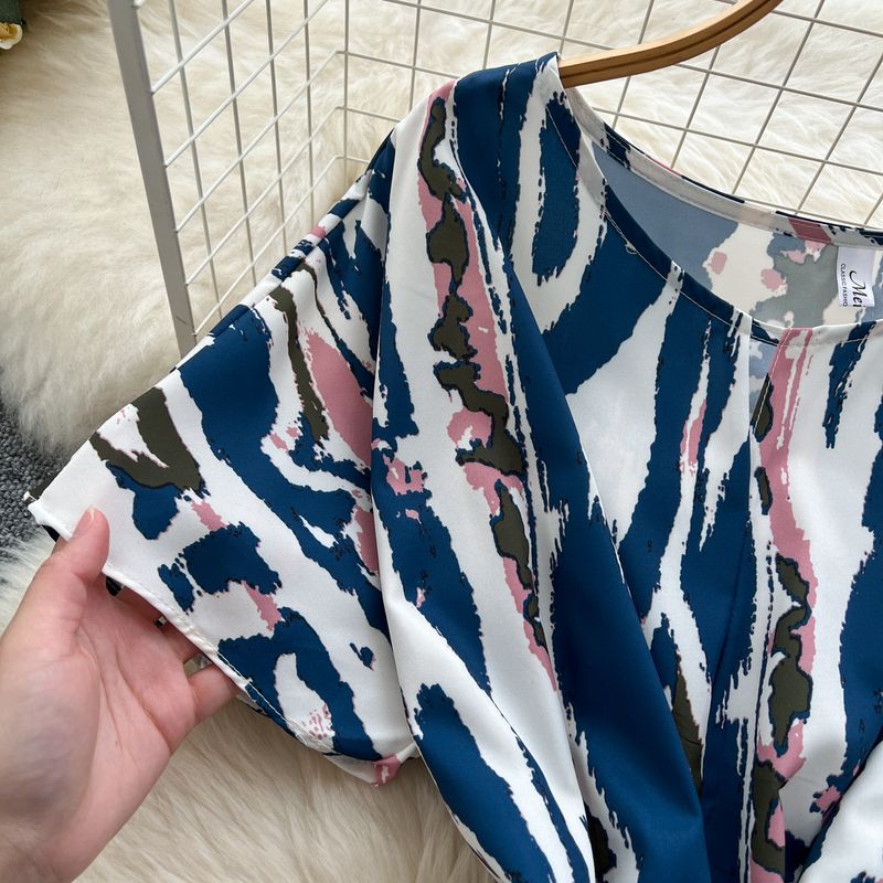 Women's Clothing Two Piece Suit Cross Waist Round Neck Short Sleeves Printed Top High Waist Casual Wide Leg Pants_voghion.com