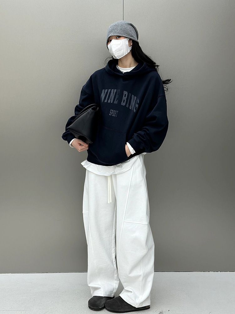 Pantaloni da jogging da donna con coulisse, foderati in pile e vita alta, vestibilità ampia, casual, in misto cotone (bianco, nero) Taglie S/M/L_voghion.com