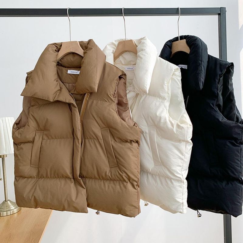 Women's Puffer Vest With High Collar - Winter Quilted Sleeveless Jacket, Oversized Standalone Or Layering Piece (Beige/Black/Khaki, S-XL) _voghion.com