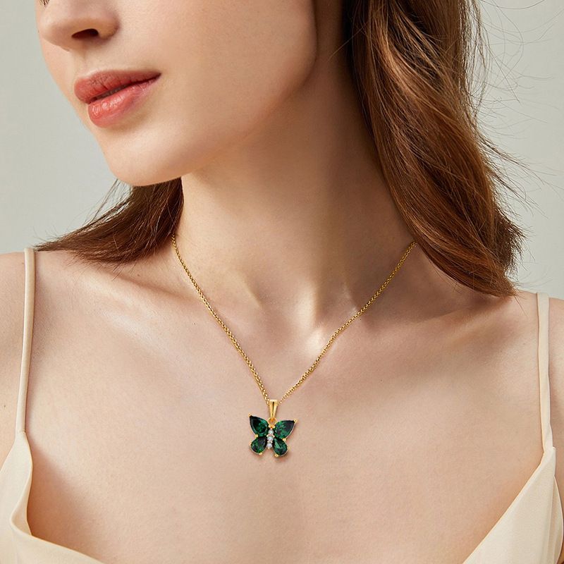 New Emerald Zircon Butterfly Pendant Necklace S Sterling Sier Jewelry Female Light Niche Design_voghion.com