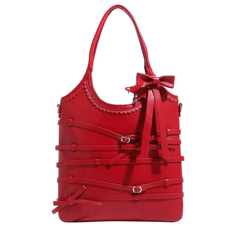 Borsa a mano Hobo con cinturino a fiocco, borsa da sposa rossa per donna, grande capacità, borsa a tracolla da pendolare sottobraccio_voghion.com