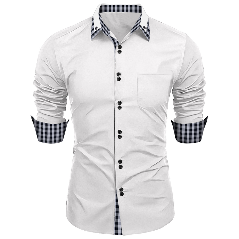 Nya kläder vår och höst herrmode rutigt färgblock Business Slim Fit Casual långärmad skjorta_voghion.com