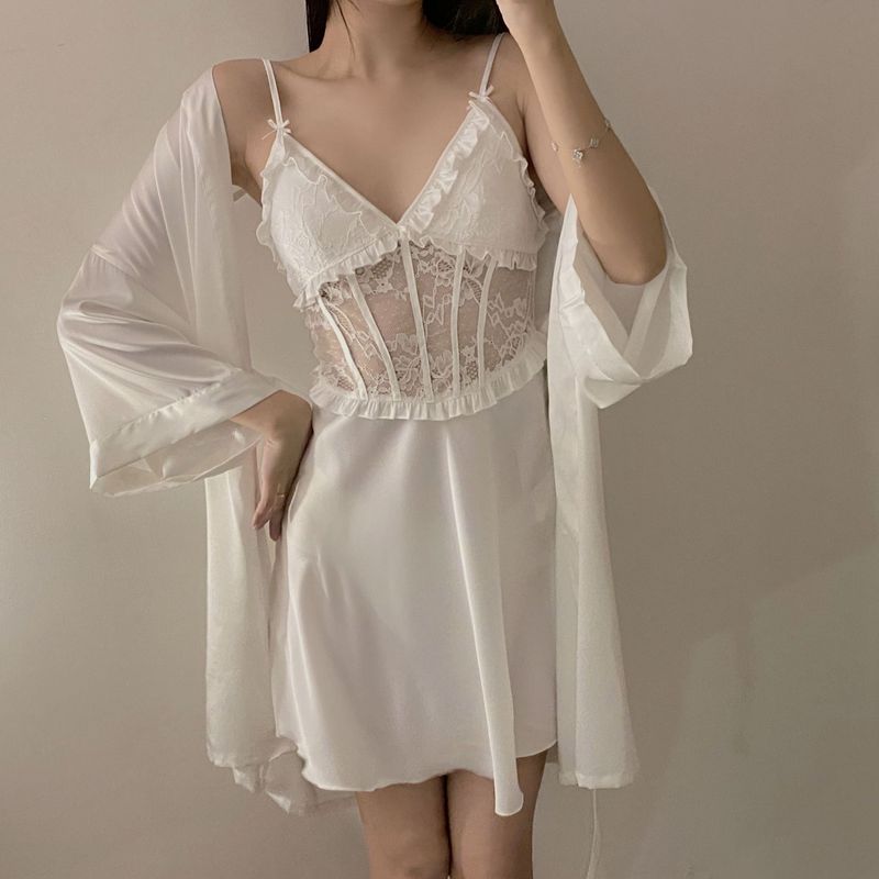 Spring and summer ice silk sleepwear, female sexy camisole nightgown, two-piece set of lace plus size thin home clothes_voghion.com