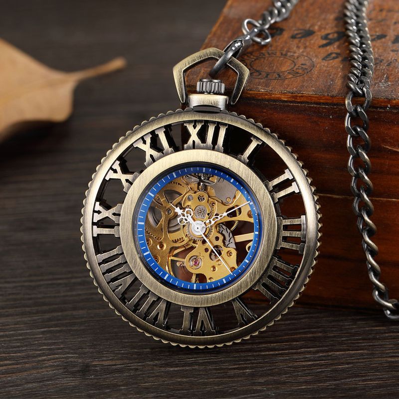Halbautomatische römische Hohlgold-Mechanik mit weißer Nadel, mechanische dicke Kette, große Taschenuhr_voghion.com