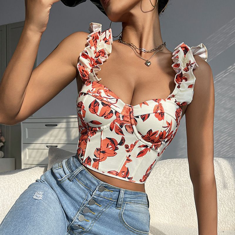 Sweet New V neck Sexy Print Design with Chest Pad Fishbone Slimming Back Strap Top_voghion.com