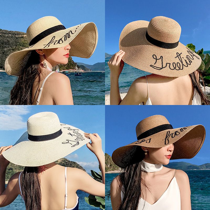 Cappello di paglia a tesa larga da donna, cappello da sole per le vacanze_voghion.com