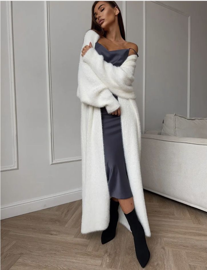Faux Mink Knit Cardigan – Oversized Long Coat In Plush White (One Size, 100-120cm Length Options)_voghion.com
