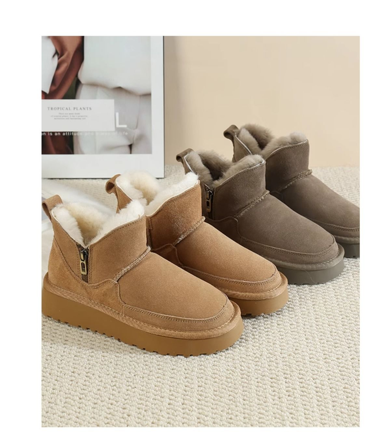 Nordeste com sola grossa de neve com zíper para botas curtas femininas com pele integrada, pelúcia de lã e espessada_voghion.com