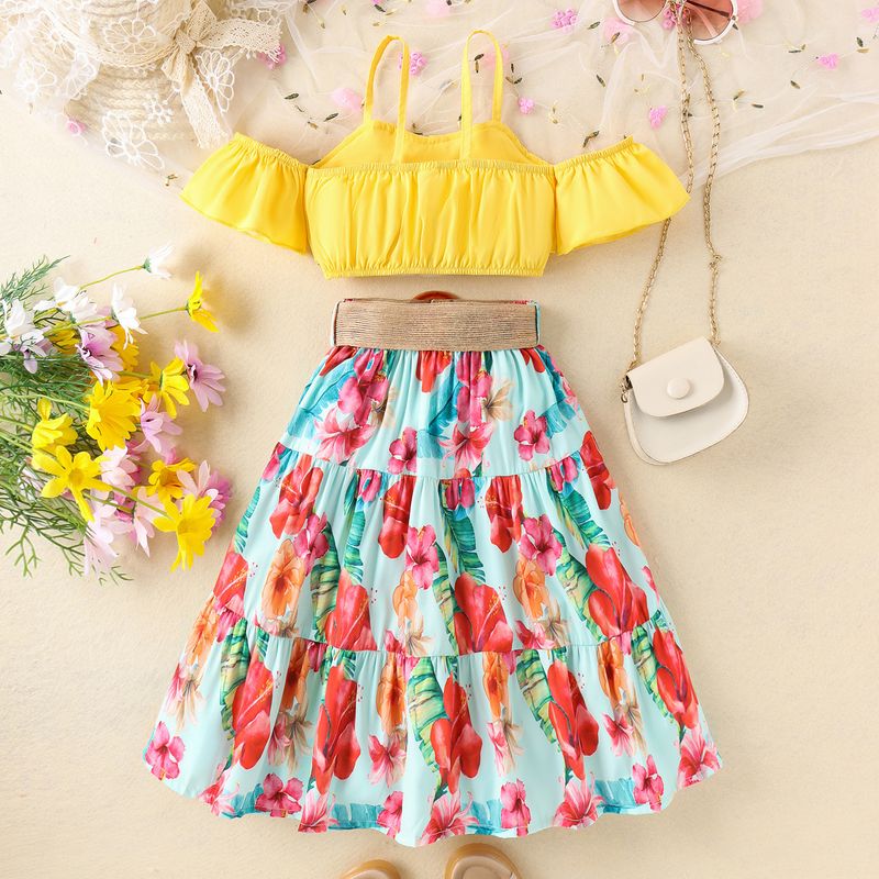 Summer new small and medium-sized children's suspender with ruffle edge, one shoulder short sleeved top, printed long_voghion.com