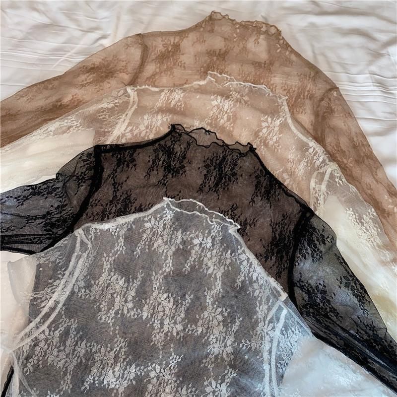 Damenbekleidung Weißes Halbhochkragen-Spitzenhemd für Damen im Frühjahr und Herbst 2025 im neuen Stil für die Innenbekleidung aus Tüll mit dünnem Netzstoff_voghion.com