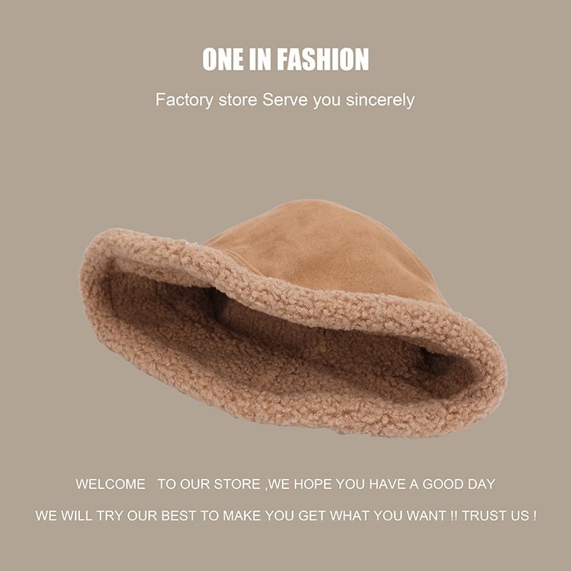 Plain Face Covering Versatile Suede Fisherman Hat Lamb Wool Autumn and Winter Face Small Solid Color Bucket Hat Basin Hat_voghion.com