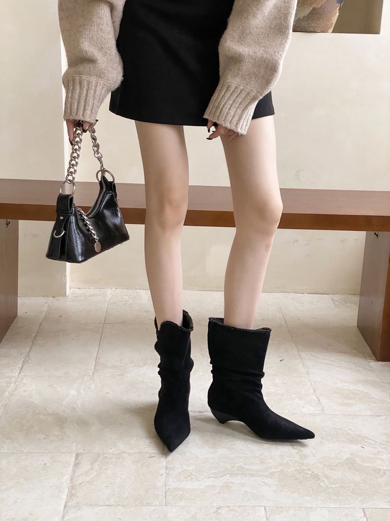 Frosted Suede Slouch Handmade Lace-Up Pointed Toe Chunky Heel Ankle Boots_voghion.com