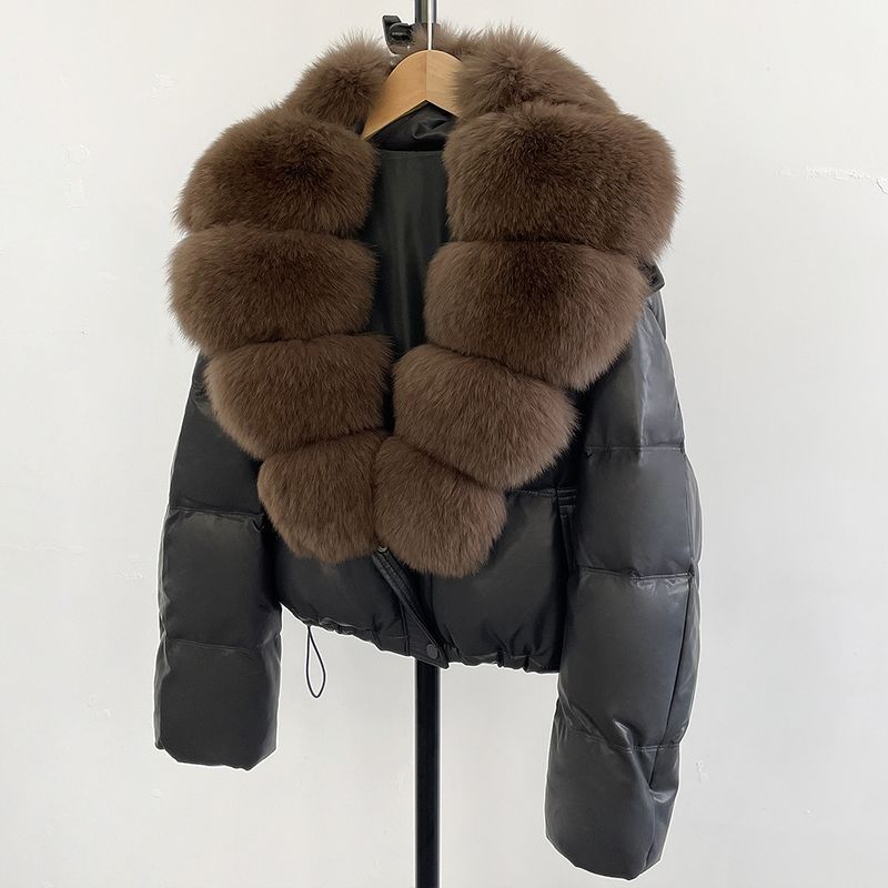 Elegant Short Down Jacket With Detachable Fox Fur Hood For Petite Women, 85% White Duck Fill, Slim-Fit Winter Coat_voghion.com