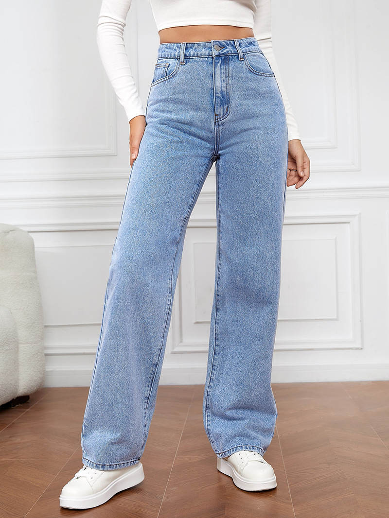 Damkläder i het stil, stretchtvättad denim mode raka byxor jeans dambyxor_voghion.com