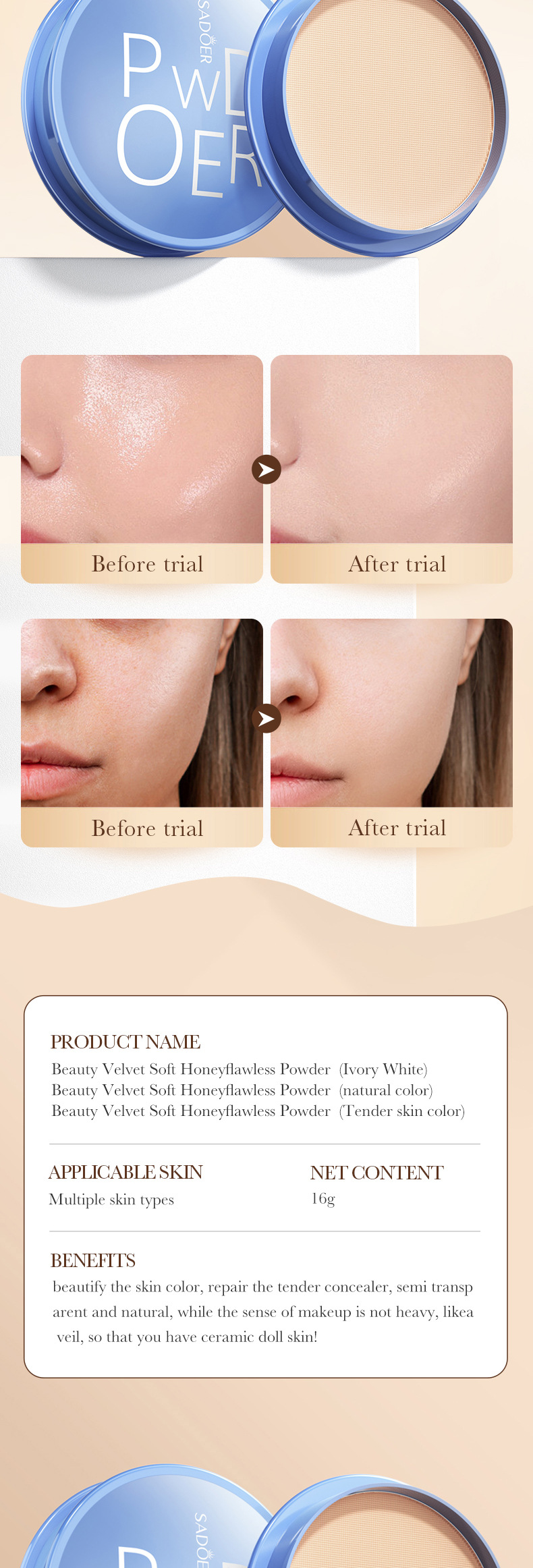SADOER Velvet Soft Honey Flawless Powder (01 #natural Color) 16g Brightening Complexion Concealer Grooming Air Cushion_voghion.com