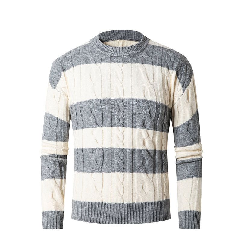 Men's Clothing 2024 autumn and winter new European and American men's round neck sweater striped casual knitted bottoming shirt _voghion.com
