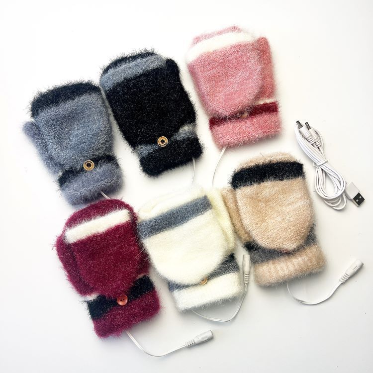 Heating Gloves Children's USB half-finger flip over electric gloves Student's extra thick mink velvet thermal gloves_voghion.com
