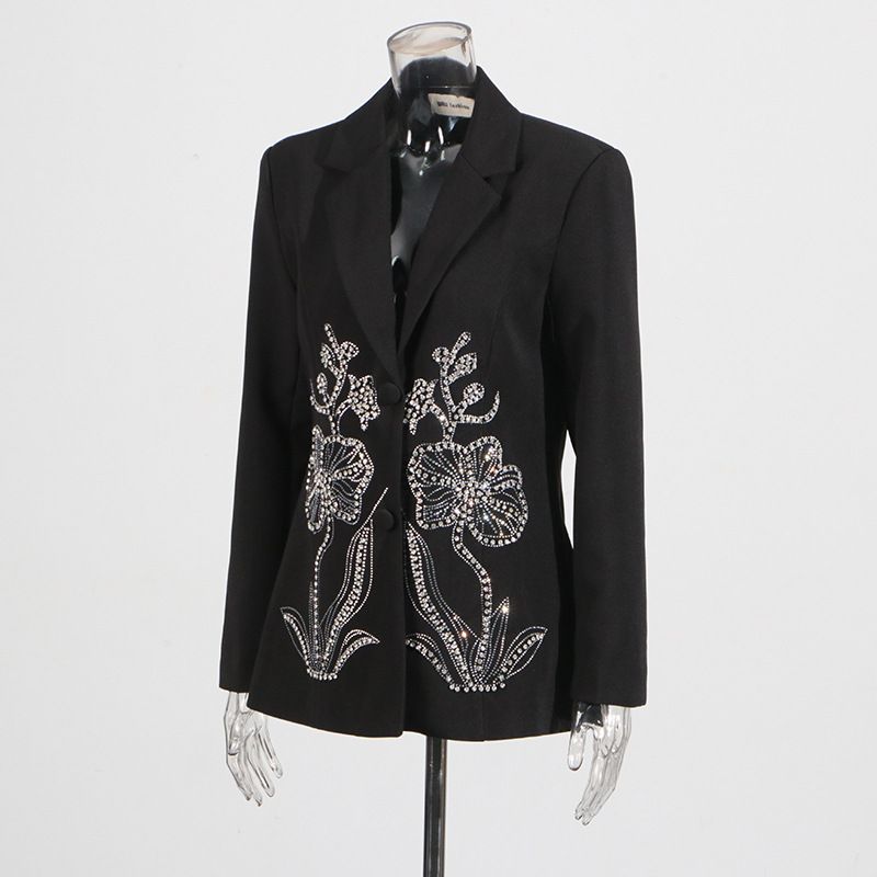 Blazer da donna decorato con strass – Elegante giacca da abito a due bottoni con dettagli floreali_voghion.com