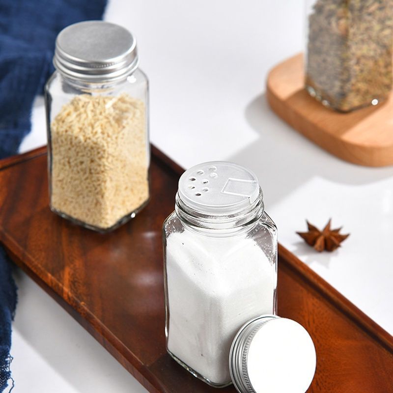 Kruidenset met bamboe deksel, vierkante glazen fles 120 ml voor het strooien van peper, kruidenpotje_voghion.com