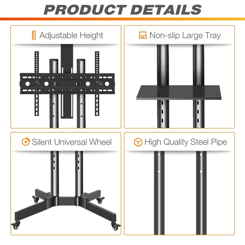 Mobile TV Stand on Wheels for 32-65 Inch LCD LED Flat Panel Curved Screen TV up to 132lbs, TV Cart with Height Adjustable Laptop Shelf Movable Portabl_voghion.com