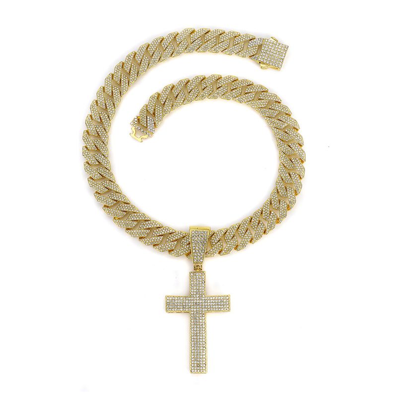 Pingente de cruz de personalidade popular com liga de diamante, corrente cubana, crença religiosa, colar hip hop_voghion.com