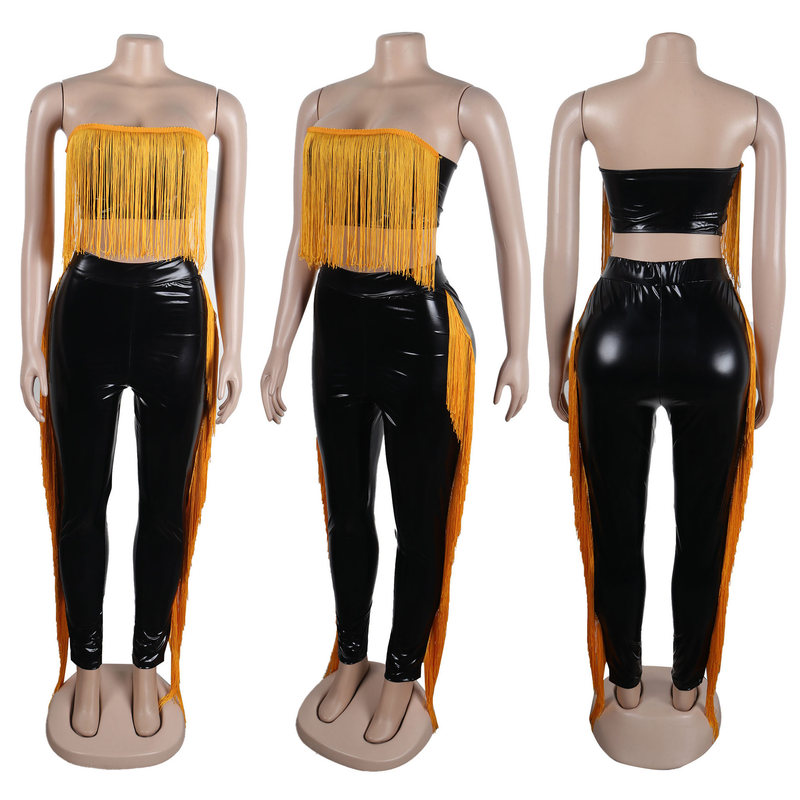 Women's sexy bust-wrapped tassel slim trousers two-piece nightclub suit_voghion.com
