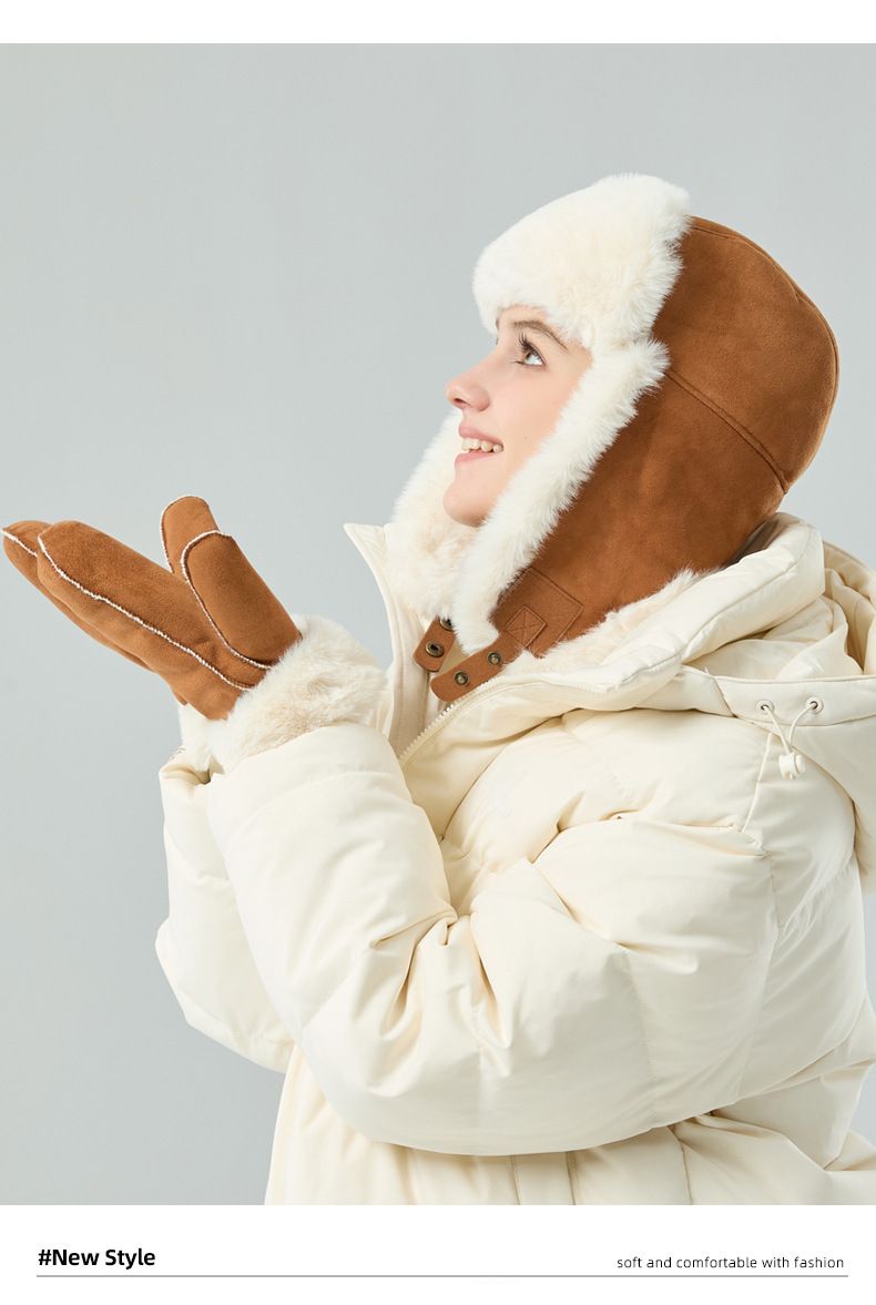 Women's Hats Autumn And Winter Suede Lei Feng Hat Plush Thickened Earmuffs Warm Ski Hat Rabbit Fur Gloves Outdoor Cold Proof Suit_voghion.com