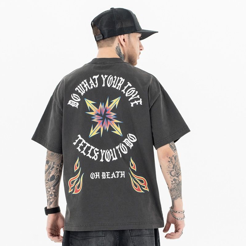 Unbeatable Quality Lanhai Men's 2025 Spring/Summer New Product Flat Replacement Flame Text Washed Short Sleeve T-shirt For Men_voghion.com