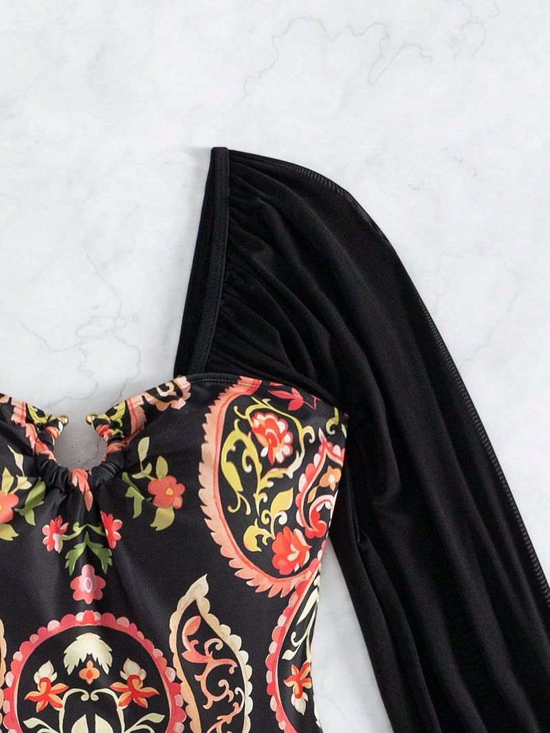 Damenbekleidung Neuer Badeanzug Damen Bauchbedeckter Abnehmender Sexy Langarm-Trägerloser bedruckter Badeanzug_voghion.com