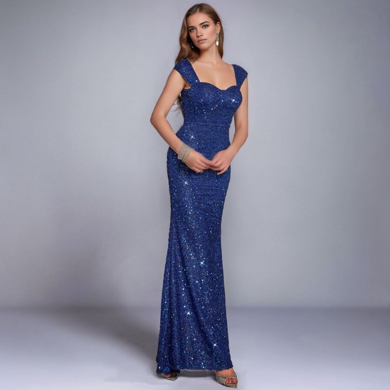 Comércio exterior oriental transfronteiriço INS cor sólida decote em V lantejoulas suspensório cintura alta vestido de noite saia rabo de peixe vestido de saia longa_voghion.com