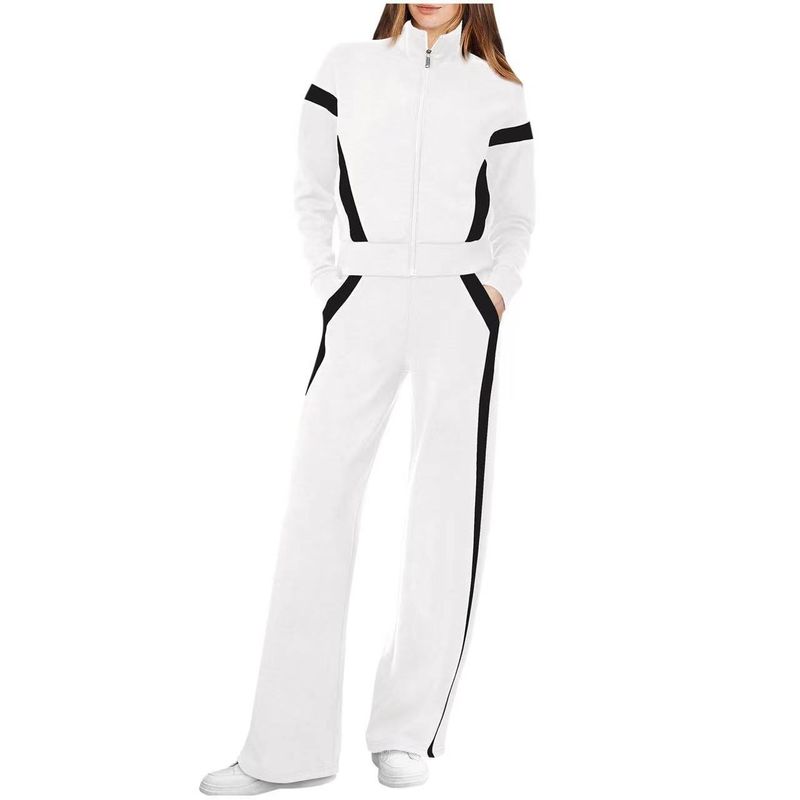Women's Clothing Stand Up Collar Long Sleeved Stitching Color Matching Casual Sweatshirt Suit_voghion.com