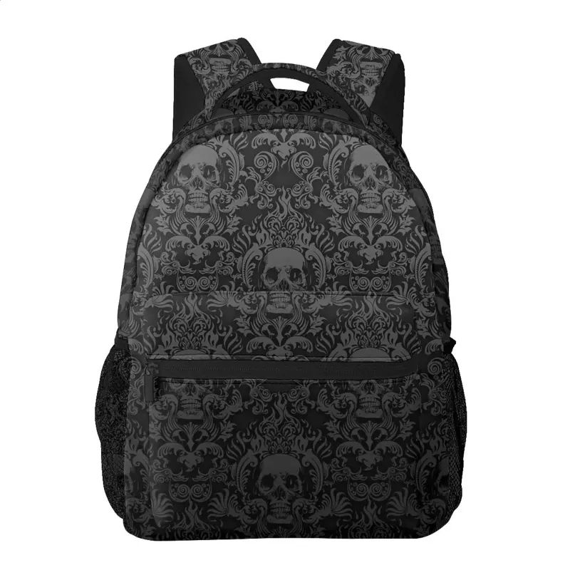 Goth Gothic Black Skull Damask Pattern Backpack Unisex Casual Laptop Backpacks School Bookbag Travel Hiking Camping_voghion.com