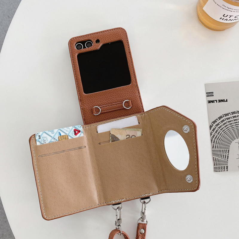 Mobile phone case for zflip3 crossbody mobile phone case Lychee women's ultra-thin zflip5 folding beauty mirror card holder mobile phone case 4_voghion.com