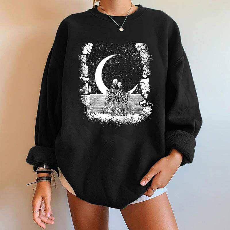 Halloween Skull Print Brushed Shoulder Long Sleeve Sweater Round Neck Women's Casual Top Unisex_voghion.com